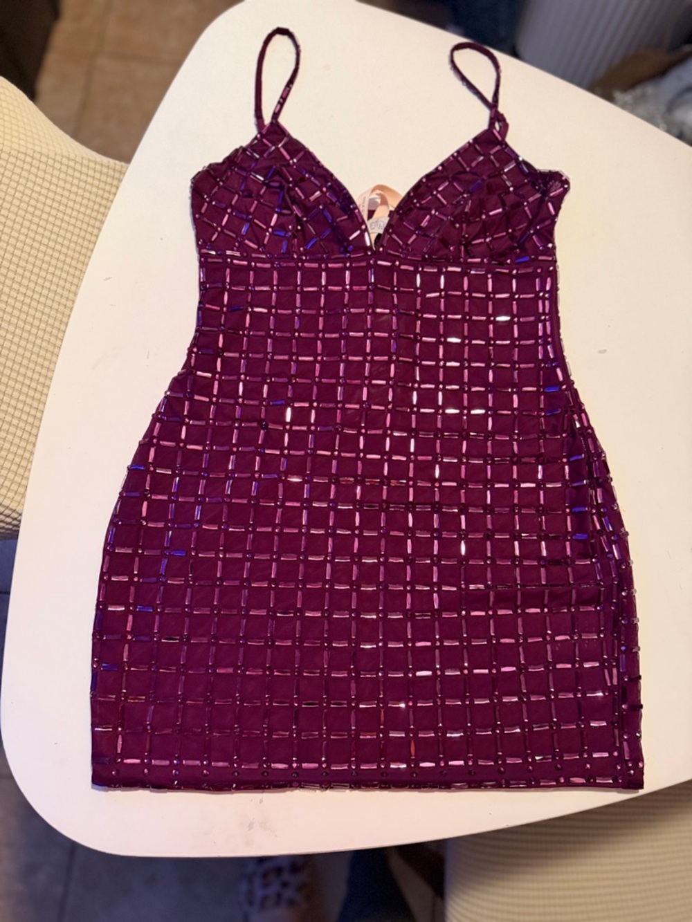 Oh Polly Plum Sequin Grid Bodycon Mini Dress - Picture 4 of 7